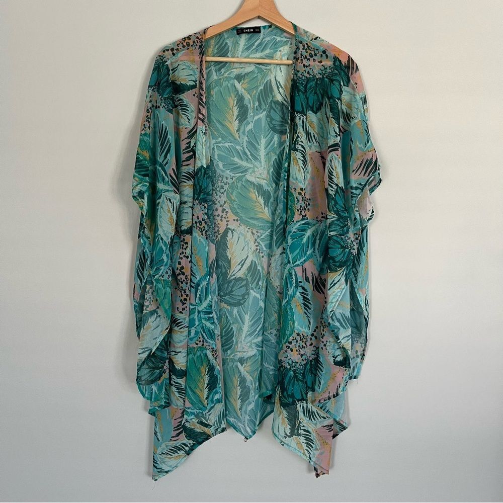 SHEIN Tropical Print Swim Cover Up Poncho, Size M